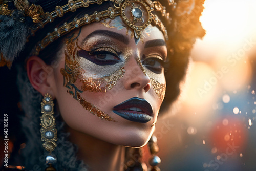 Photojournalistic style portrait of a beautiful young woman dressed as La Catrina in New Orleans Mardi Gras festival.