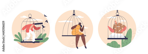 Isolated Round Icons Or Avatars With Isolation And Confinement Scenes. People Seated Within Secure Cages