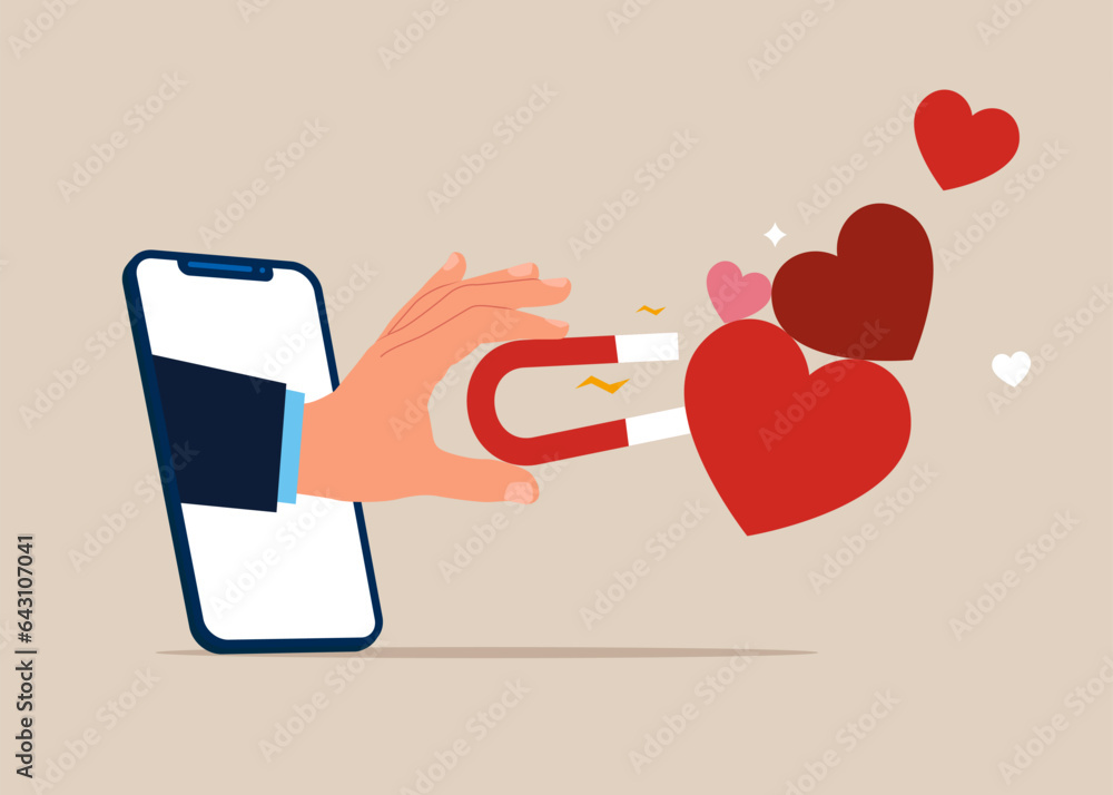 Smartphone using magnet to collect love heart symbol. Saint Valentine's day card. Love you. Flat vector illustration Smartphone using magnet to collect love heart symbol. Saint Valentine's day card. Love you. Flat vector illustration