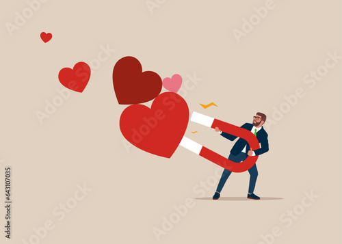 Love you. Saint Valentine's day card.  Businessman using magnet to collect love heart symbol. Vector illustration