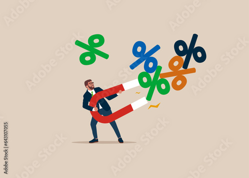 Businessman using magnet to magnetize percentage. Interest, financial and mortgage rates. Vector illustration