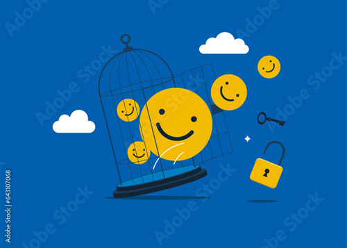 Funny and positive emoticons with key free himself from cage. Modern vector illustration in flat style 