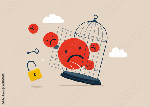 Negative emoticons with key free himself from cage. Modern vector illustration in flat style 