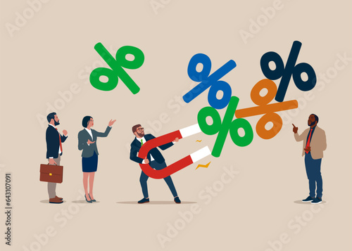 Business people using magnet to magnetize flying percentage. Interest, financial and mortgage rates. Vector illustration