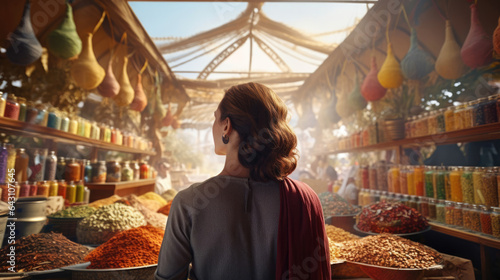 Portrait of traveler from back view with shopping in supermarket