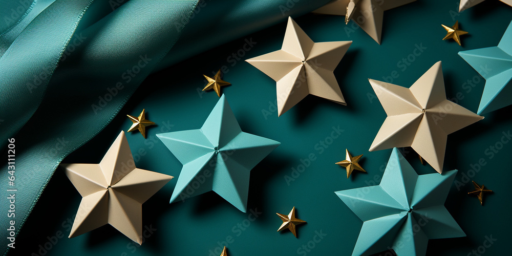 Wunderschöne Sterne in türkis und gold zu Weihnachten als dekoration für Hintergrundmotiv im Querformat für Banner, ai generativ Wunderschöne Sterne in türkis und gold zu Weihnachten als dekoration für Hintergrundmotiv im Querformat für Banner, ai generativ