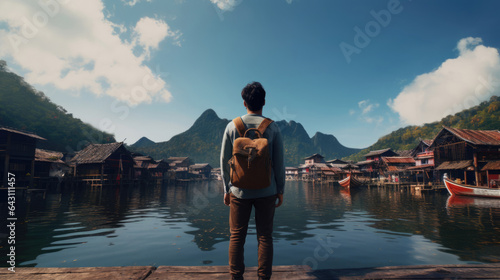Portrait of traveler from back view with the lake