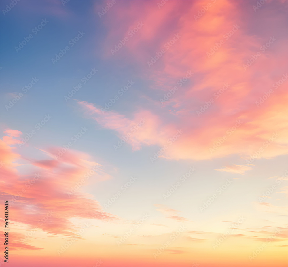 Sunset, sunrise, sky with clouds at twilight, dusk, dawn, orange clouds, pink clouds, sunlight, heaven, pastel colors, sky background, cirrus clouds
