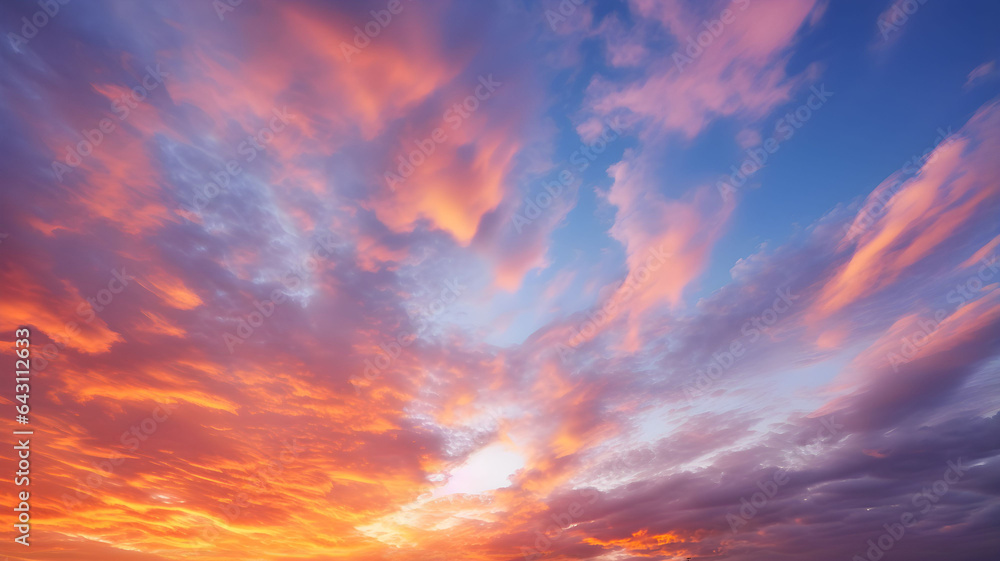 sunset with cirrus clouds, beautiful cloud patterns at dusk, sunrise, orange clouds in the sky, sky background, sky gradient, twilight, heaven, nature, blue sky,