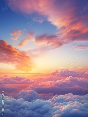 Sunset, sunrise, sky with clouds at twilight, dusk, dawn, flying above the clouds, over the clouds, plane, orange clouds, pink clouds, sunlight, heaven, pastel colors, sky background, cirrus clouds © Ncorp