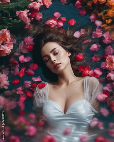 Portrait of a beautiful girl with closed eyes and long hair in white linen lying on water strewn with petals and flowers