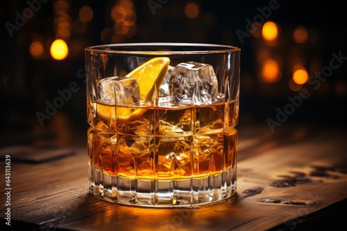 A still life photograph of an old - fashioned cocktail