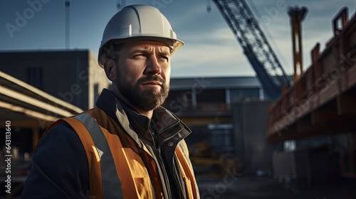 Business model at a construction site, supervising and ensuring perfection, set against the backdrop of an emerging structure