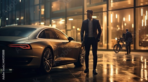Business model stepping out of a luxury car, symbolizing success and ambition © Filip
