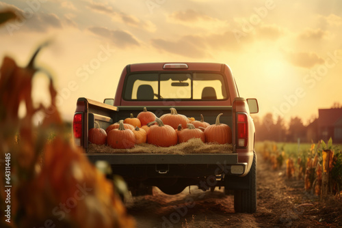 Pickup truck with a trunk full of pumpkins against the backdrop of the setting sun