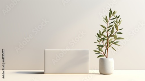 Wall  background in natural light minimalistic home  interior textured  in neutral colors. Vase and plants with podium stage mock up copy space banner graphic layout. Generative AI 