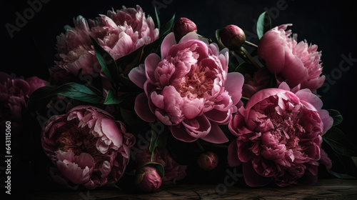 Fototapeta Naklejka Na Ścianę i Meble -  bouquet of pink peonies, dark background.