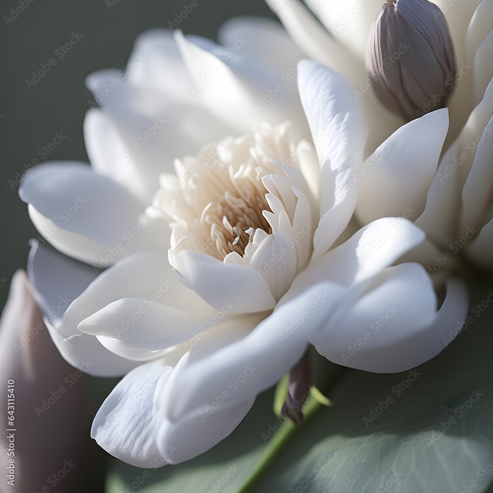 Capture the intricate beauty of a blooming flower with a macro lens, showcasing delicate petals and textures in soft natural light. Serene and ethereal.