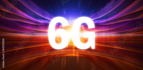 Numbers 6, and G letters on light line colorful. Future technology 6G network wireless systems and internet of things. Communication and the development of new technologies, Global wireless devices