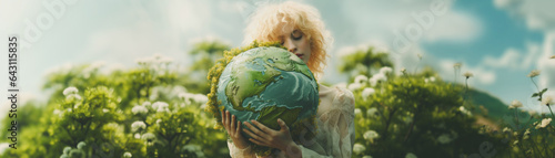 Woman hugging  greenery earth, Save planet, Earth day, Sustainable living, Ecology environment, Climate emergency action, World environment day concept, Illustration for global warming content