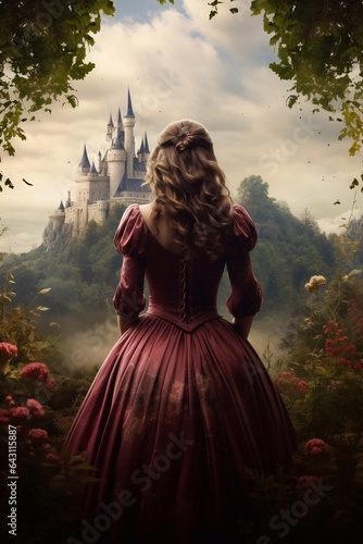 Victorian style clothes young woman on castle background
