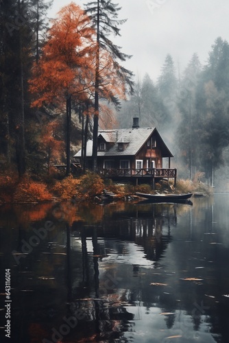 house on the lake in autumn