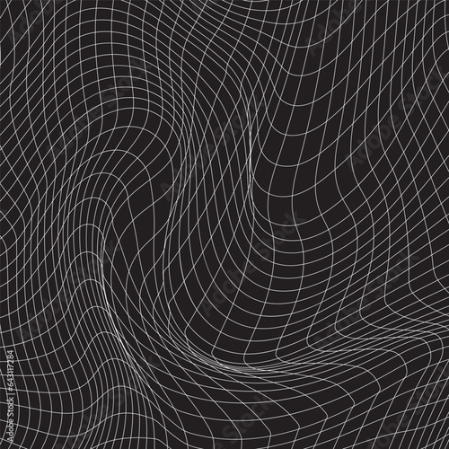 Distorted white grid on black background. Waved mesh texture. . Vector illustration