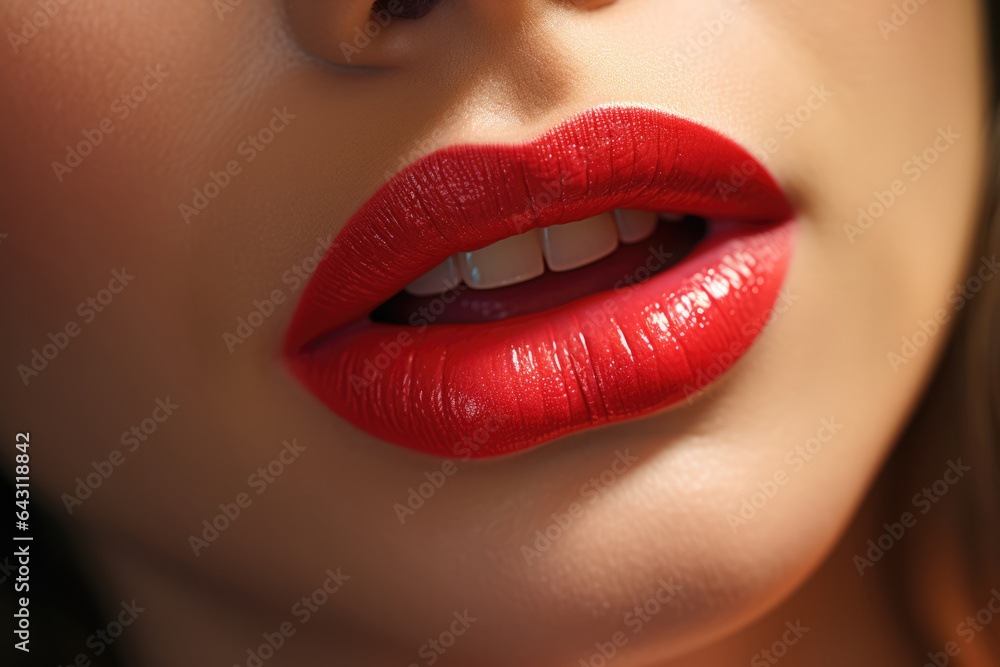 Obraz premium Close up of beautiful woman lips with red lipstic, fashion makeup concept