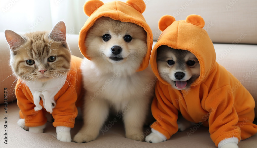 Fototapeta premium Cute cat and dog in halloween costumes on sofa at home
