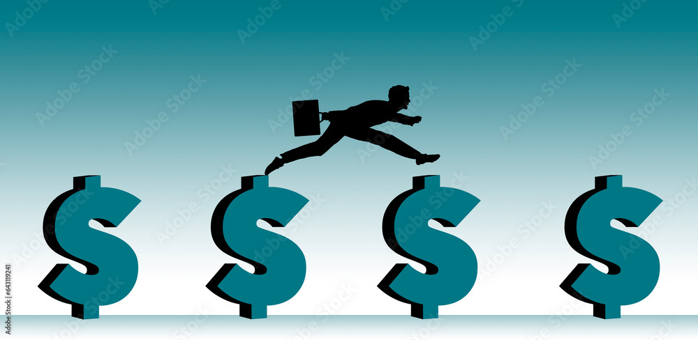 Fototapeta premium A businessman with his briefcase sprints from one dollar sign to another has he chases the money throughout his career in this 3-d illustration.