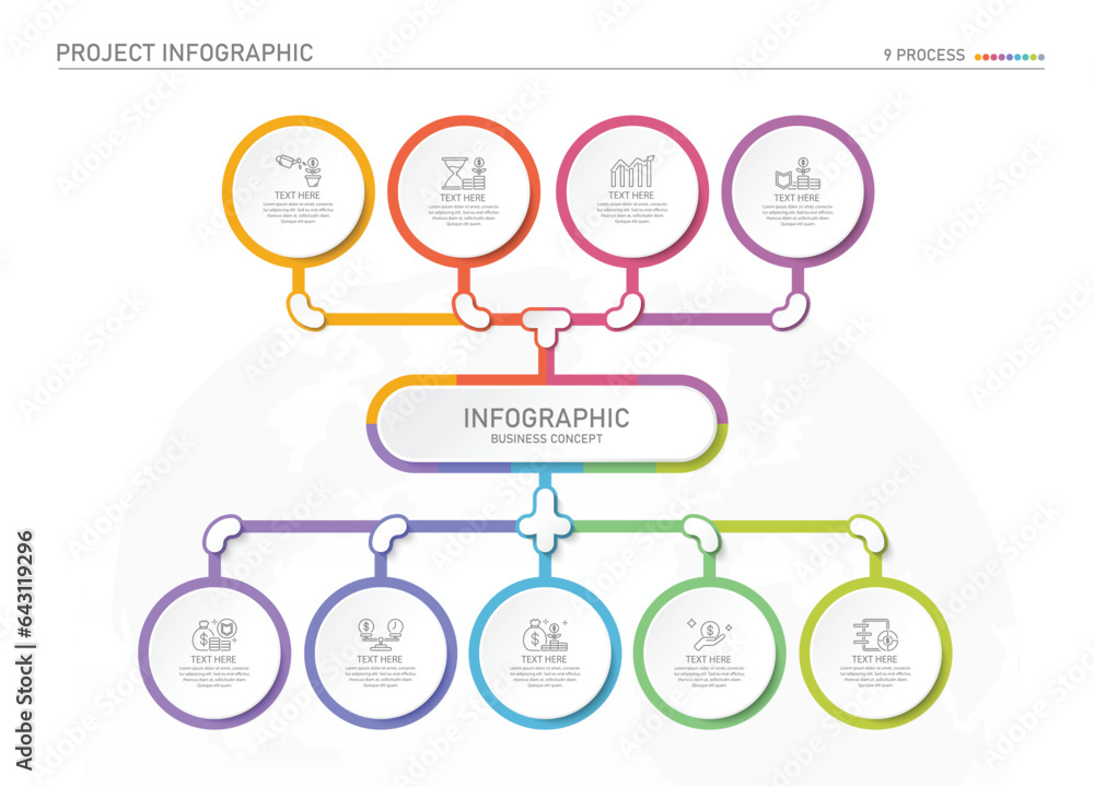 Infographic process design with icons and 9 options or steps. Infographic process design with icons and 9 options or steps.