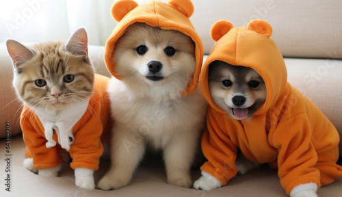 Cute cat and dog in halloween costumes on sofa at home