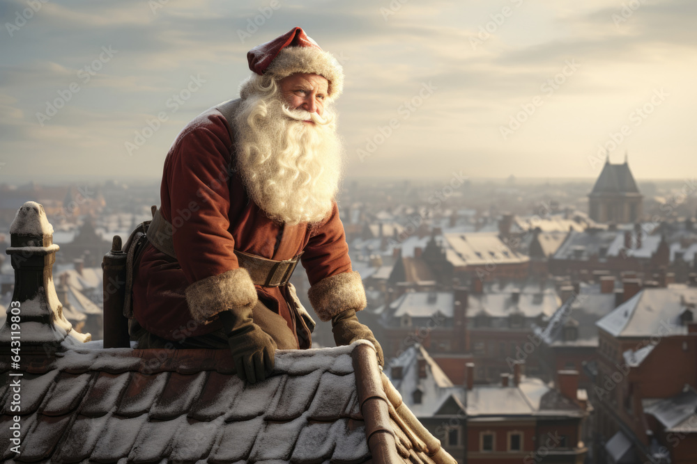Pensive Santa Claus sits on the roof rests, delivers Christmas gifts