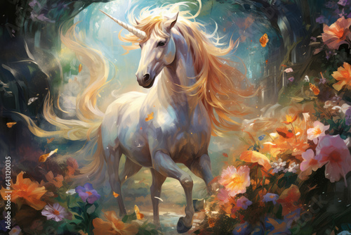 Magic unicorn in beautiful colored flowers. In the style of watercolor painting