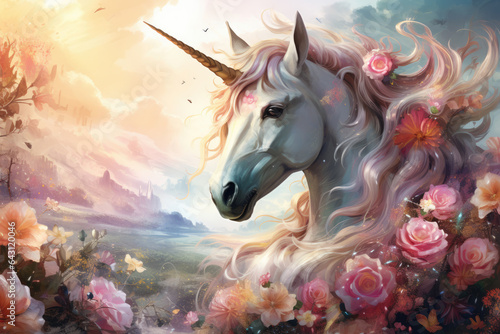 Portrait of a magical unicorn in beautiful colored flowers. In the style of watercolor painting