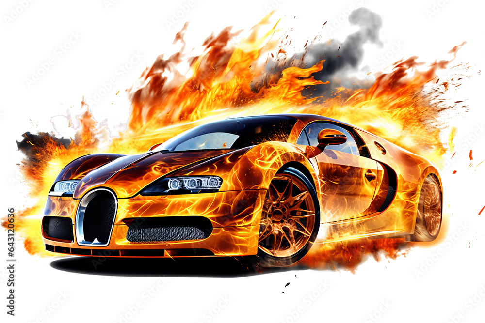 Burning luxury car in flames isolated on transparent background - high quality PNG - obrazy, fototapety, plakaty 