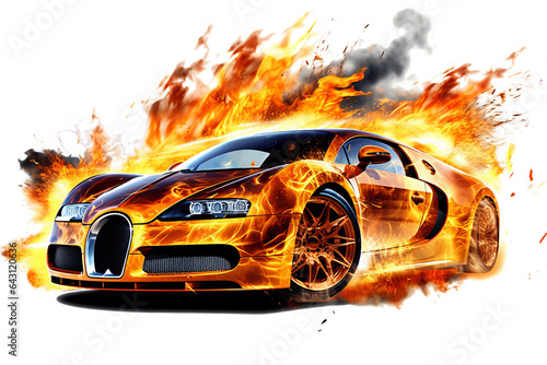 Burning luxury car in flames isolated on transparent background - high quality PNG