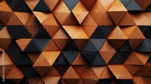 Fototapeta Naklejka Na Ścianę i Meble -  3d illustration. Wooden triangles on a background of wood. Abstract low poly background. Polygonal shapes background, low poly triangles mosaic, geometric shape with wood texture. render