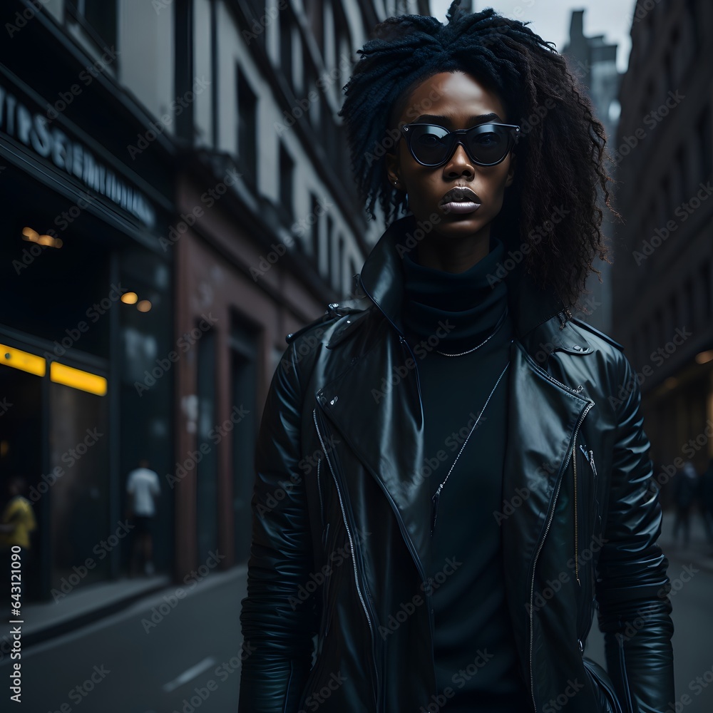 Dive into the dynamic world of street fashion, capturing a stylish urban outfit with a portrait lens, highlighting the details and personality of the subject.
