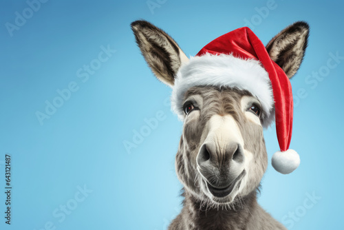 Fotografia Portrait of donkey with Santa Claus hat. AI generative art