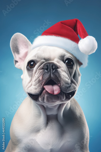 Portrait of french bulldog with Santa Claus hat. AI generative art © Drpixel