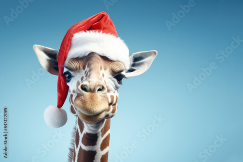 Portrait of giraffe with Santa Claus hat. AI generative art