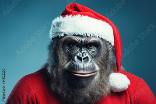 Portrait of gorilla with Santa Claus hat. AI generative art