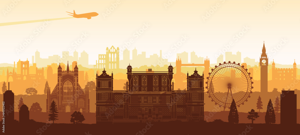 England famous landmarks silhouette style with yellow and white color,vector illustration - obrazy, fototapety, plakaty 