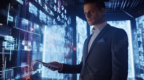 Fashion model in a suit embedded with a digital interface, interacting with hovering holographic screens