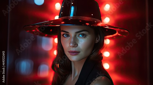 Model with a dynamic LED lit hat, set against a backdrop of a holographically reconstructed past photo