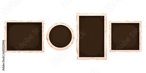 Set photoframes vintage aged textured scrapbook isolated on white background, frame border empty grunge paper. 