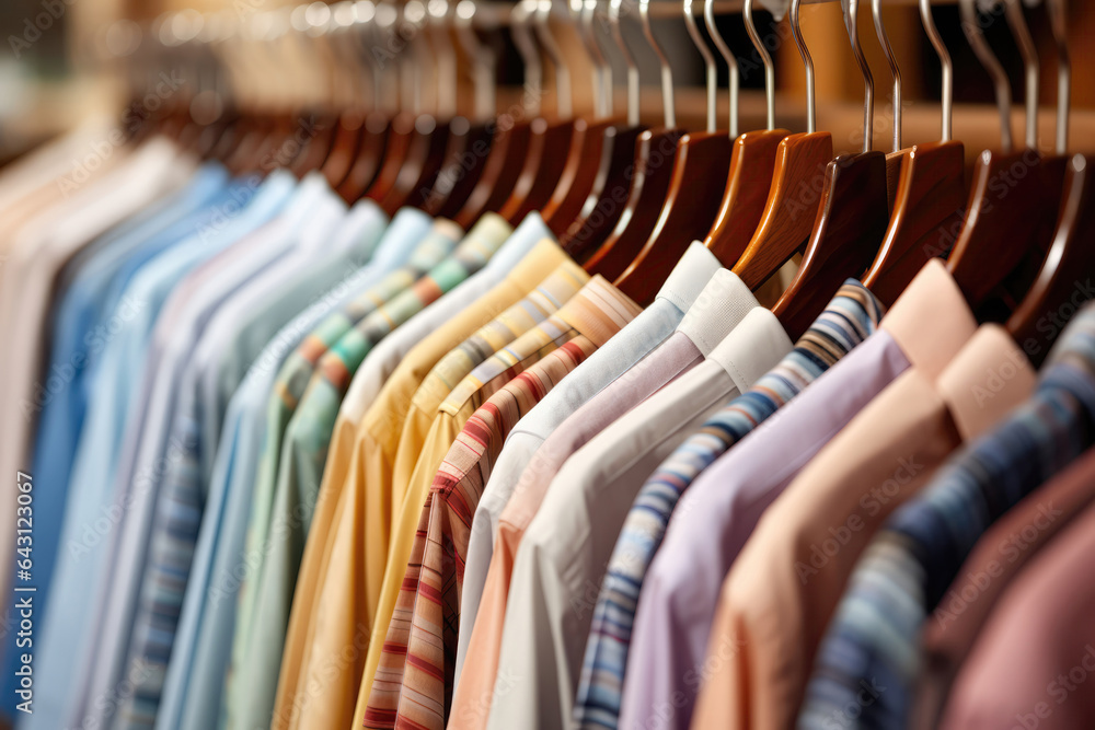Closeup Of Casual Men's Shirts Hanging On Wooden Hangers. Сoncept Mens Fashion, Casual Shirts, Wearing Wooden Hangers, Wardrobe Styling Closeup Of Casual Men's Shirts Hanging On Wooden Hangers. Сoncept Mens Fashion, Casual Shirts, Wearing Wooden Hangers, Wardrobe Styling