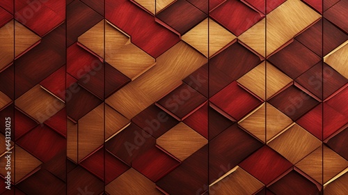 Fototapeta Naklejka Na Ścianę i Meble -  3d red gold lattice tiles on wooden oak background. Material wood oak. High quality seamless realistic texture