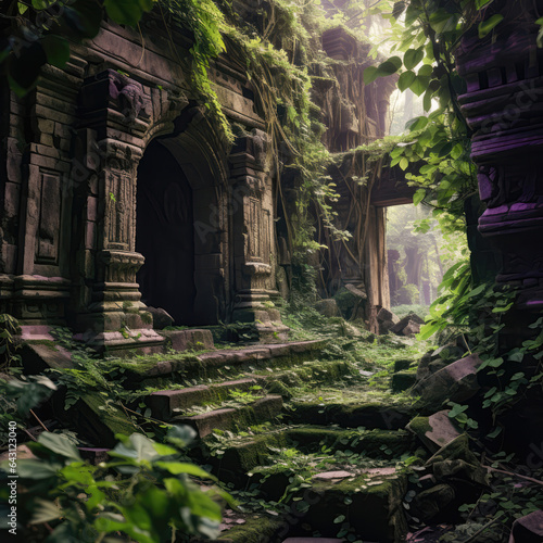 Ancient Ruins Overgrown With Vibrant  Enchanted Flora And Vines.   oncept Discovering Aweinspiring Ancient Ruins  Exploring Mysterious Overgrowth  Uncovering Vibrant Flora Vines